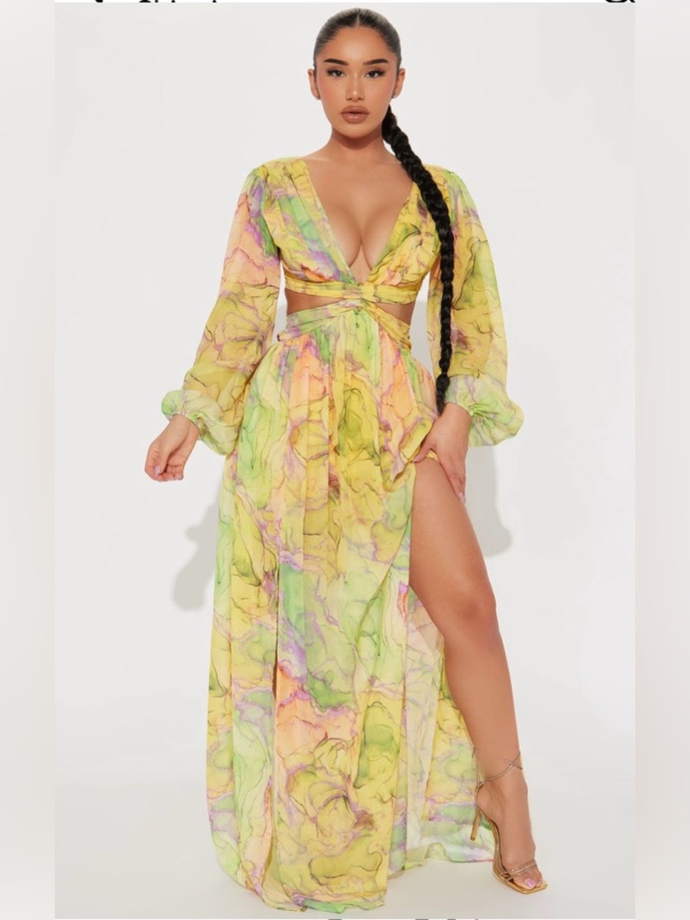 Yellow Marble-Print Maxi Dress with Front Slit